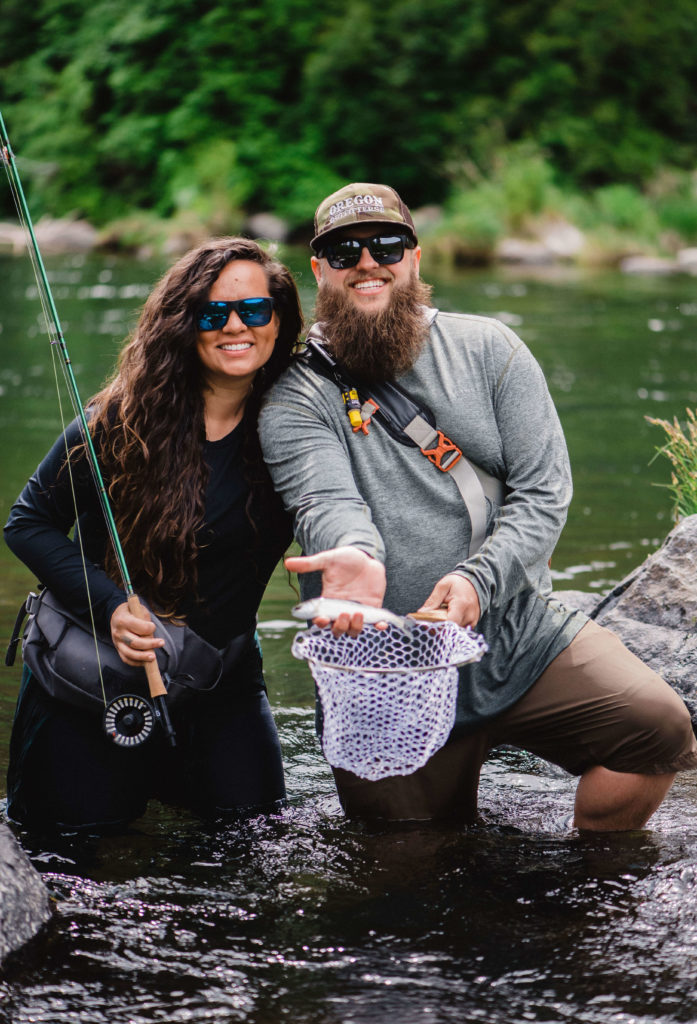 Oregon fly fishing couple, Ryan Johnson and Cheryl Valdez on the Deschutes River. Ryan Johnson Central Oregon fly fishing guide.